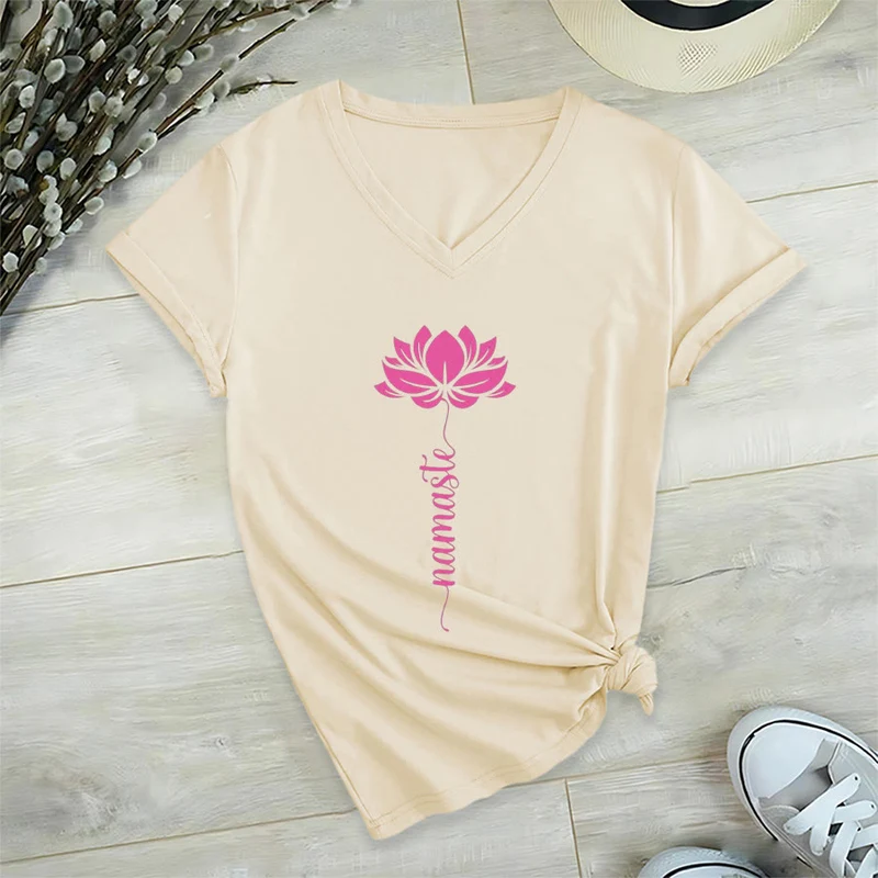 Olivenorma Minimal Namaste Lotus Silhouette Print V-Neck T-Shirt