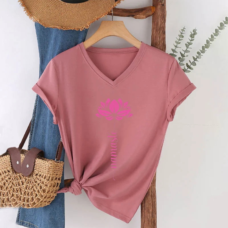 Olivenorma Minimal Namaste Lotus Silhouette Print V-Neck T-Shirt