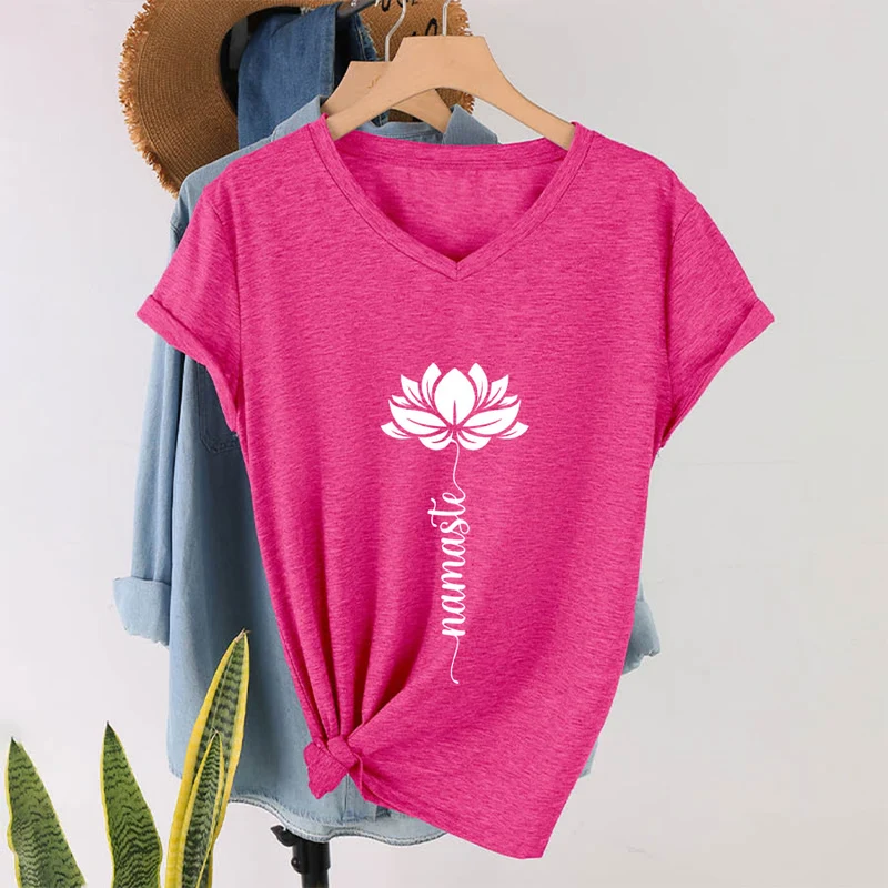 Olivenorma Minimal Namaste Lotus Silhouette Print V-Neck T-Shirt