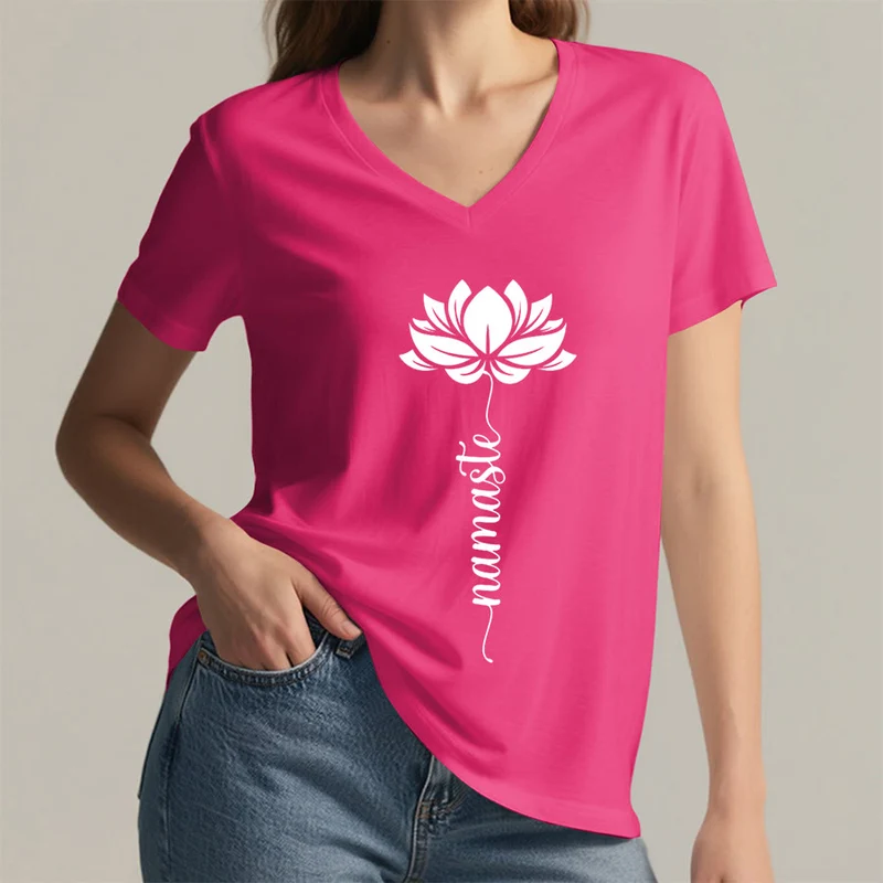 Olivenorma Minimal Namaste Lotus Silhouette Print V-Neck T-Shirt
