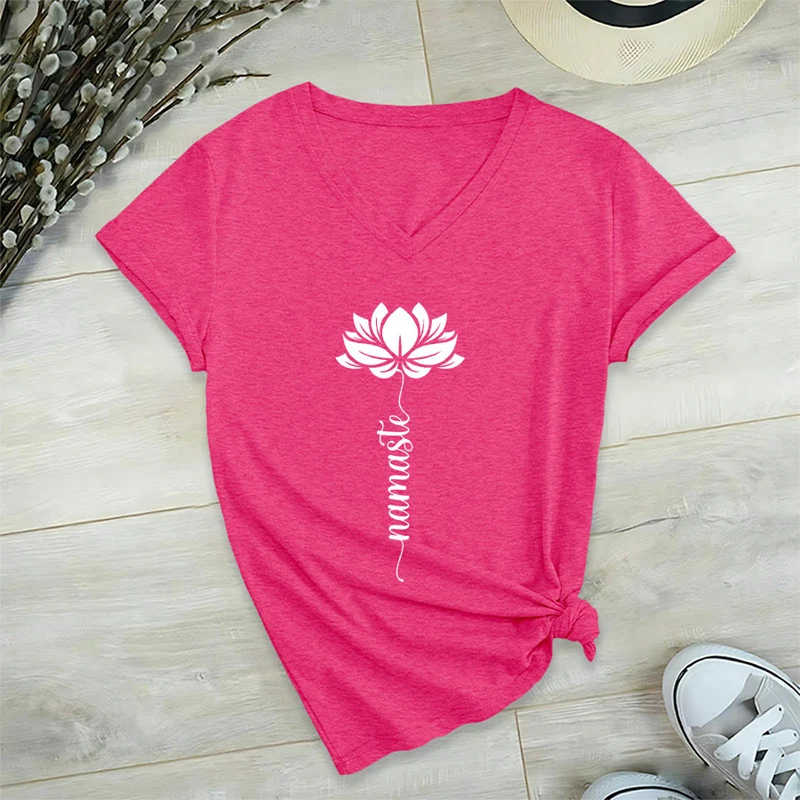 Olivenorma Minimal Namaste Lotus Silhouette Print V-Neck T-Shirt