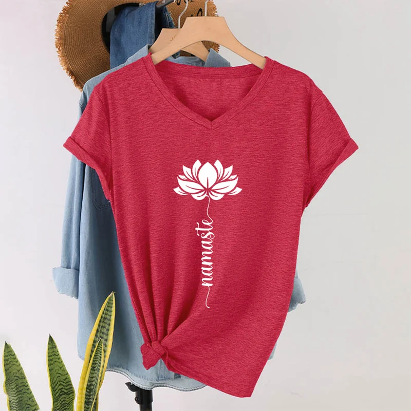 Olivenorma Minimal Namaste Lotus Silhouette Print V-Neck T-Shirt