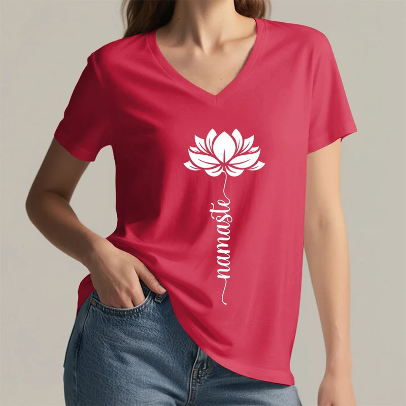 Olivenorma Minimal Namaste Lotus Silhouette Print V-Neck T-Shirt