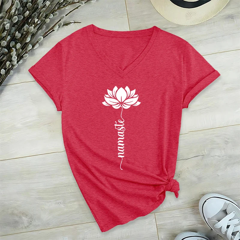Olivenorma Minimal Namaste Lotus Silhouette Print V-Neck T-Shirt