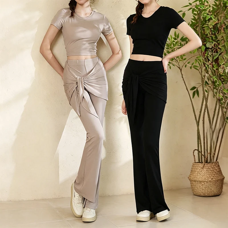 Olivenorma Yogahose für Damen mit asymmetrischem Wickeldesign, hohem Bund und ausgestelltem Bein, geknotetem Bund.