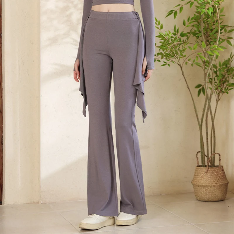 Olivenorma Yogahose für Damen mit asymmetrischem Wickeldesign, hohem Bund und ausgestelltem Bein, geknotetem Bund.