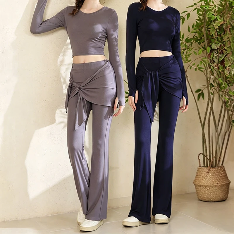 Olivenorma Yogahose für Damen mit asymmetrischem Wickeldesign, hohem Bund und ausgestelltem Bein, geknotetem Bund.