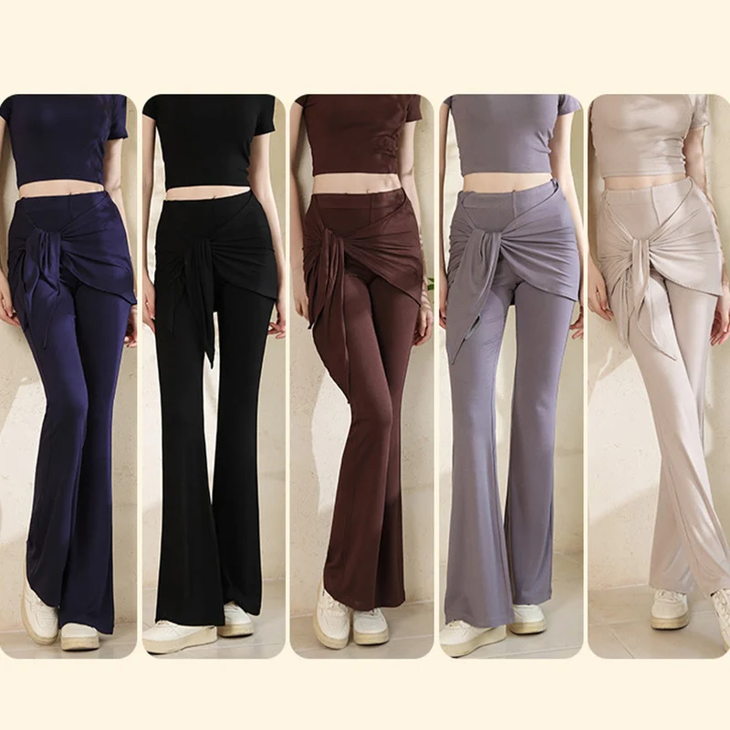 Olivenorma Yogahose für Damen mit asymmetrischem Wickeldesign, hohem Bund und ausgestelltem Bein, geknotetem Bund.