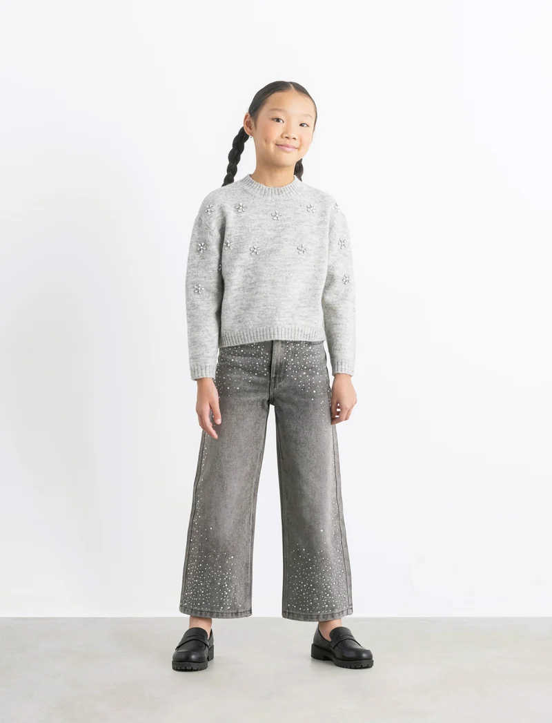 Jeans grigio gamba larga con strass. - Grigio