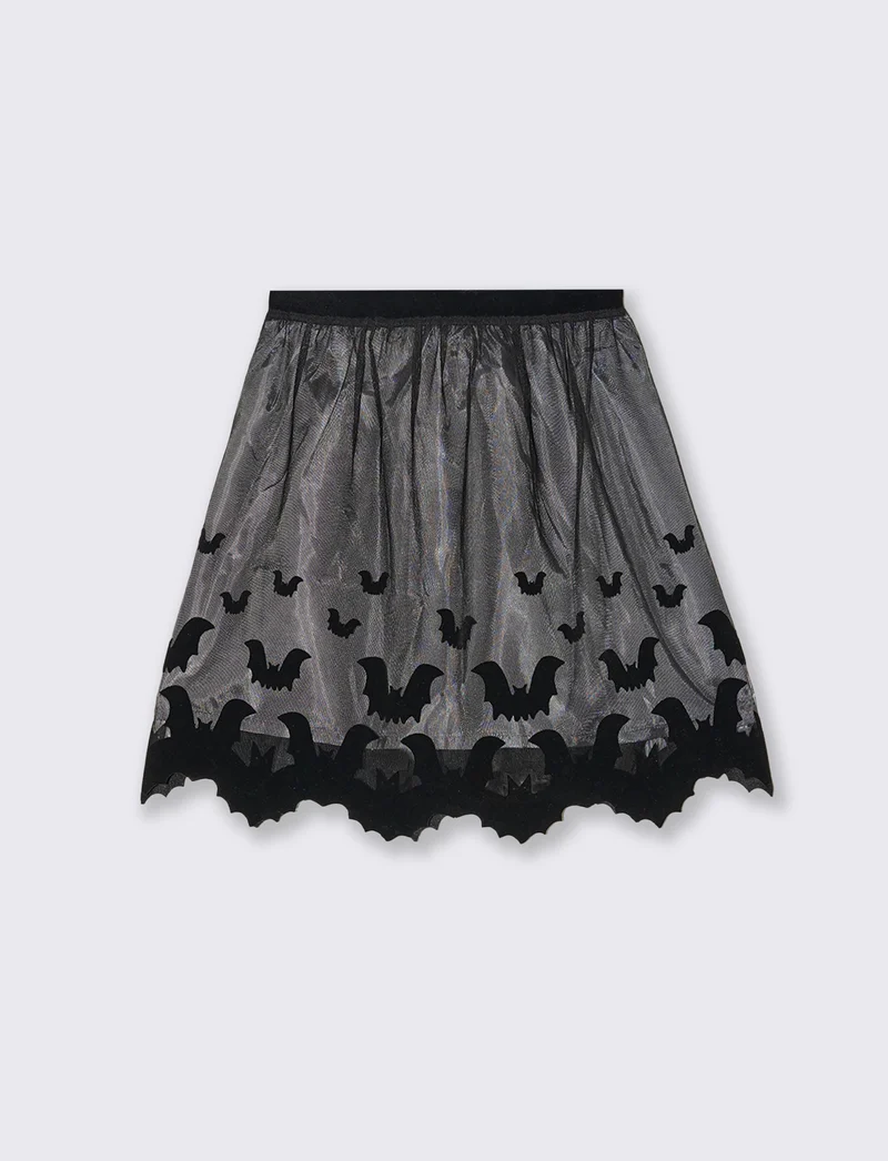Gonna in tulle da bambina con stampa flock a tema Halloween. - Nero