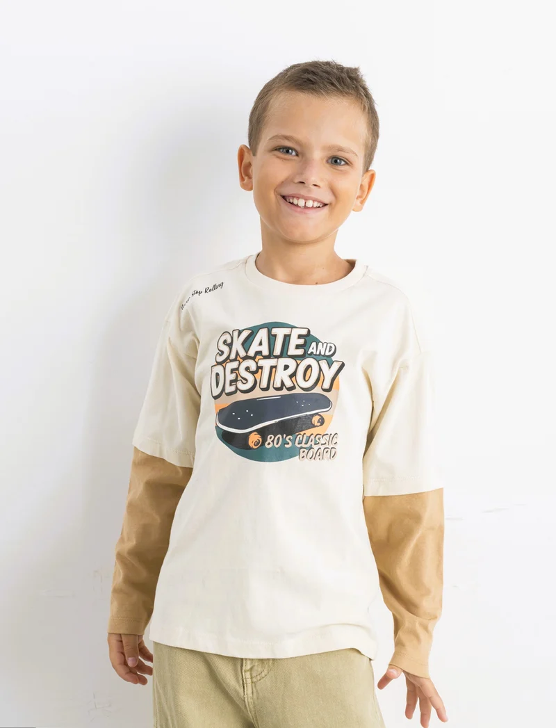 T-SHIRT FINTA MEZZA MANICA - Beige