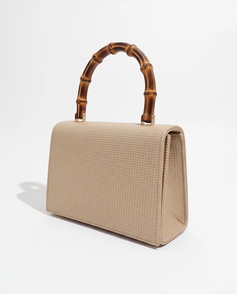 Borsa donna carta con patta manico bamboo - Bianco natural