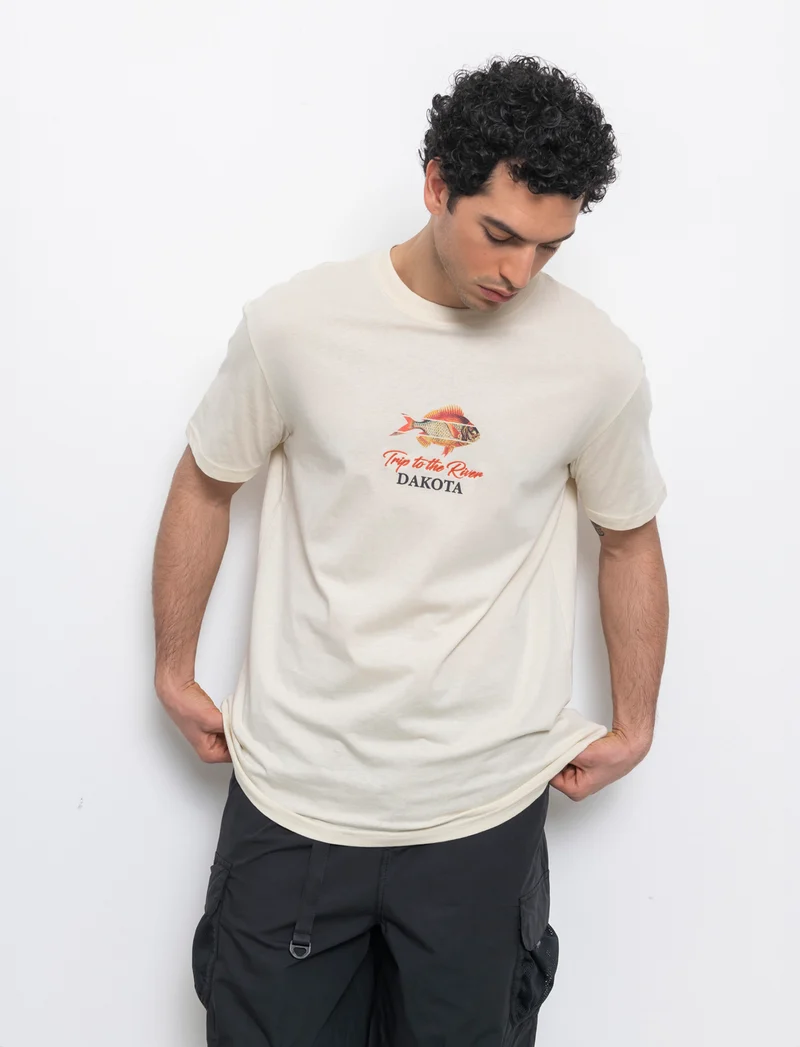 T-shirt loose fit in cotone con stampe da uomo - Beige ecru