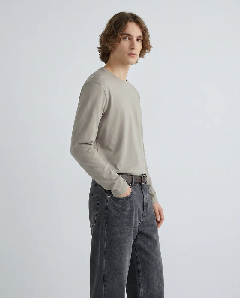 T-shirt slim fit a coste girocollo - Grigio stone