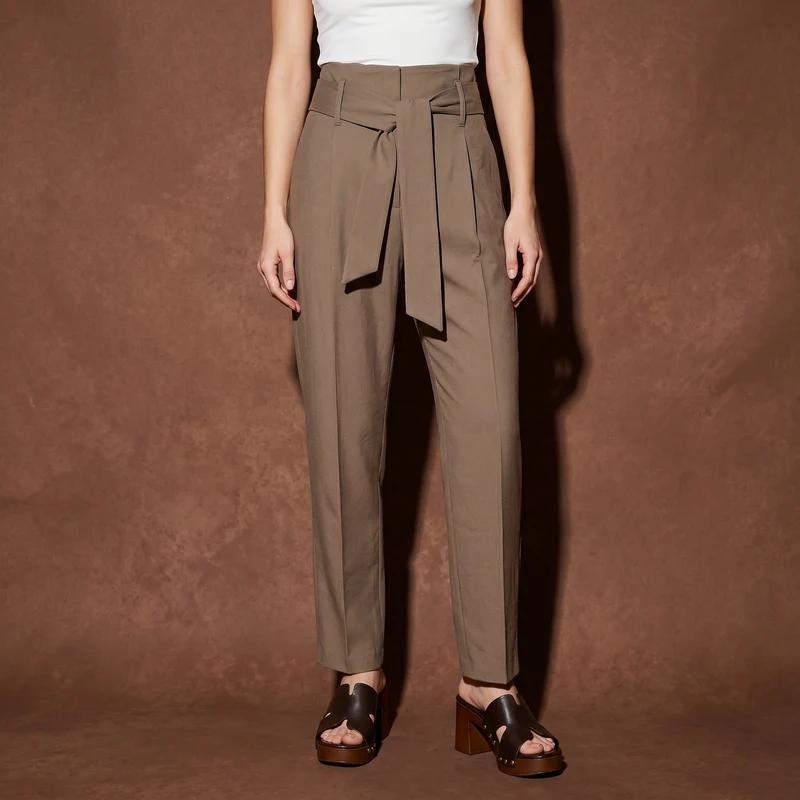 Pantaloni alla Caviglia con Cintura Vita - Grigio fango