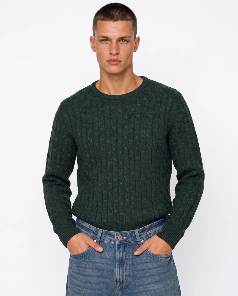 Maglia girocollo a trecce con ricamo - Verde scuro