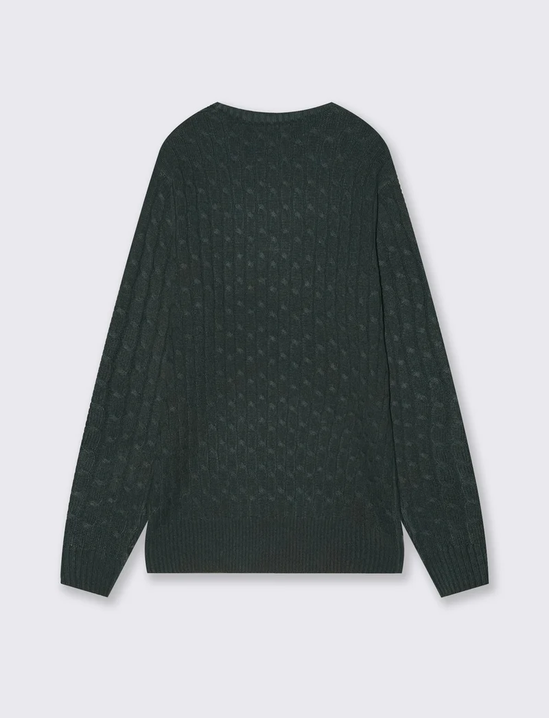 Maglia girocollo a trecce con ricamo - Verde scuro