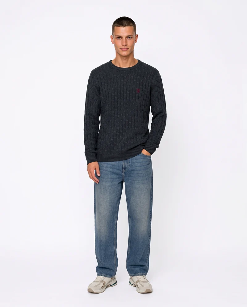 Maglia girocollo a trecce con ricamo - Blu