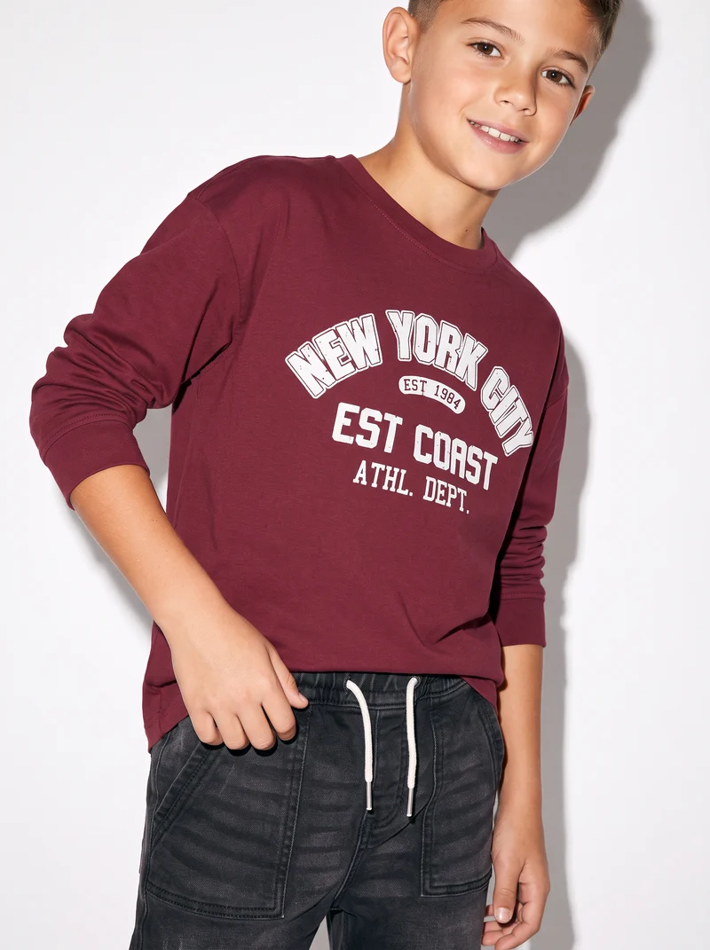 T-shirt manica lunga girocollo in cotone - Bordeaux