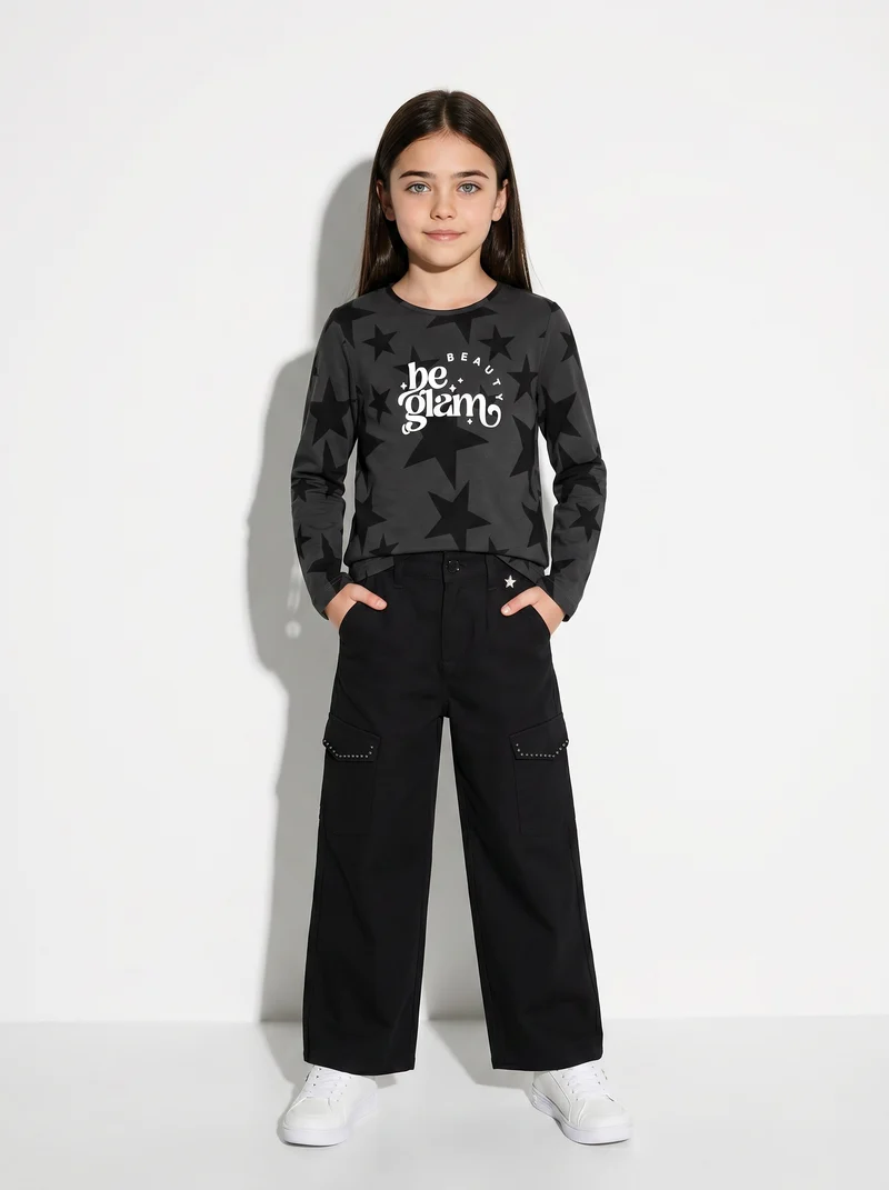 Pantalone da bambina con tasconi e borchie - Nero