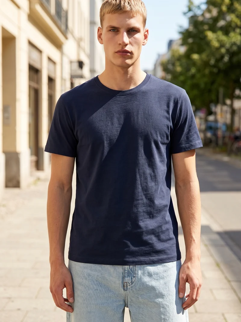 T-shirt girocollo in cotone mercerizzato - Blu