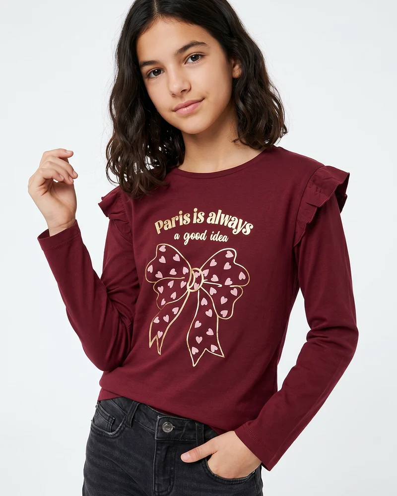T-shirt lunga con rouches e stampa vivace - Bordeaux