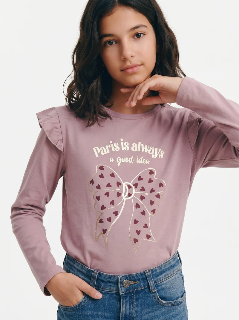 T-shirt lunga con rouches e stampa vivace - Rosa polvere