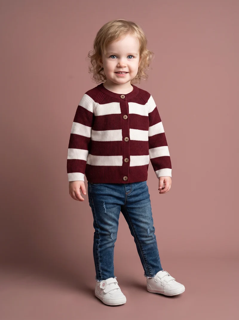 Cardigan girocollo rigato per bambina - Bordeaux
