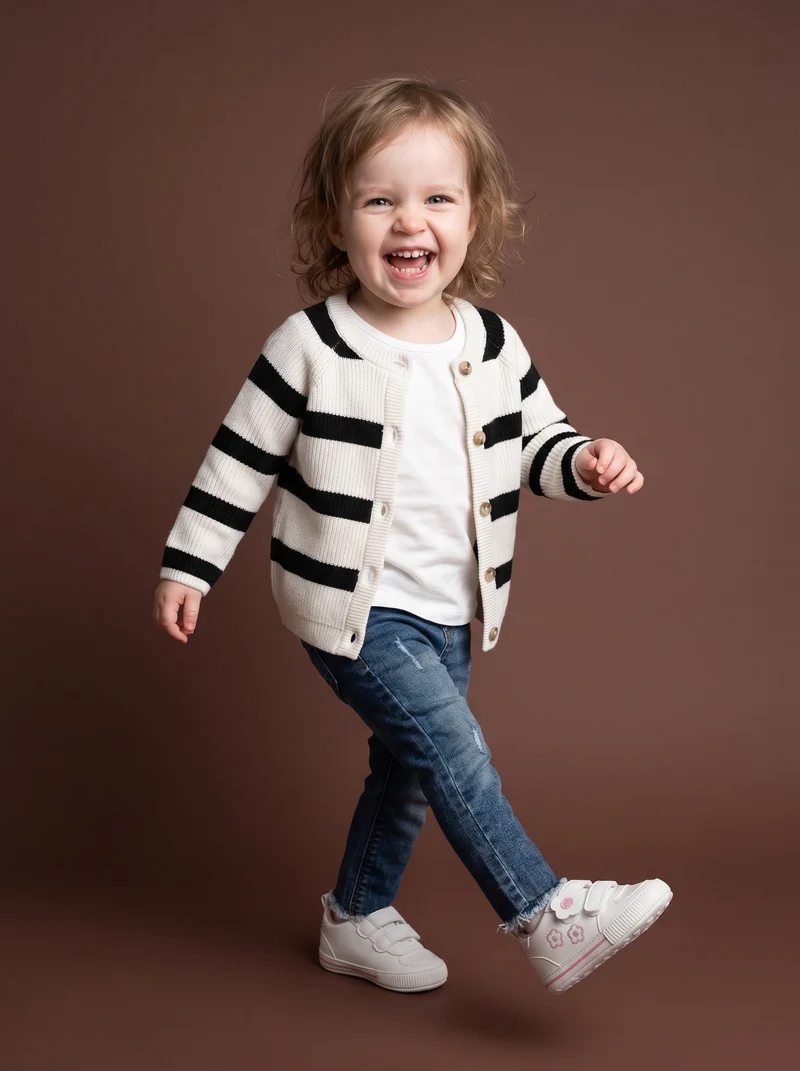 Cardigan girocollo rigato per bambina - Bianco-nero