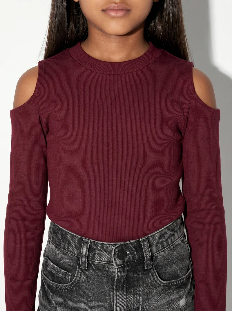 T-shirt manica lunga costina bambina - Bordeaux