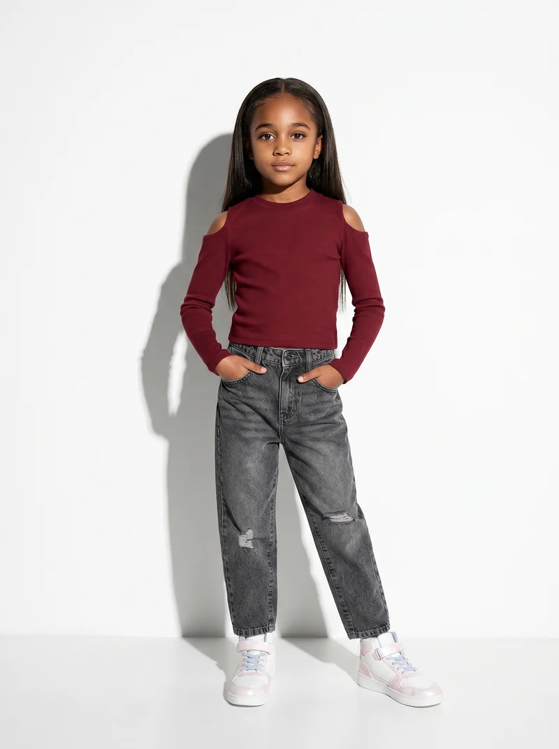 T-shirt manica lunga costina bambina - Bordeaux
