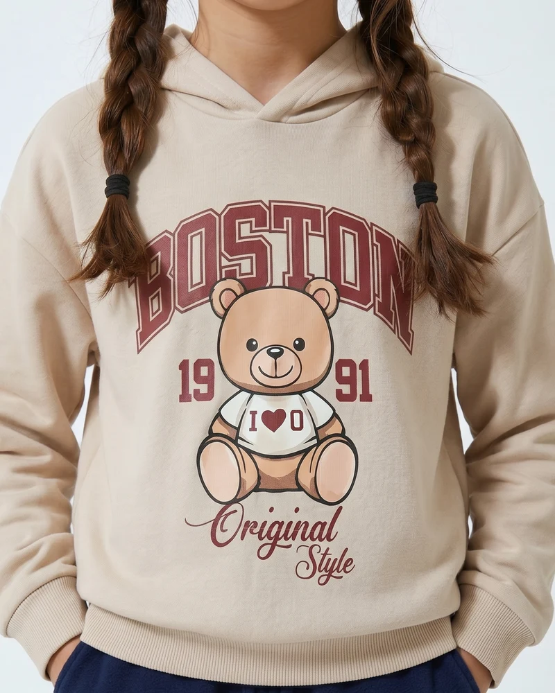 Felpa in cotone con cappuccio e stampa - Beige