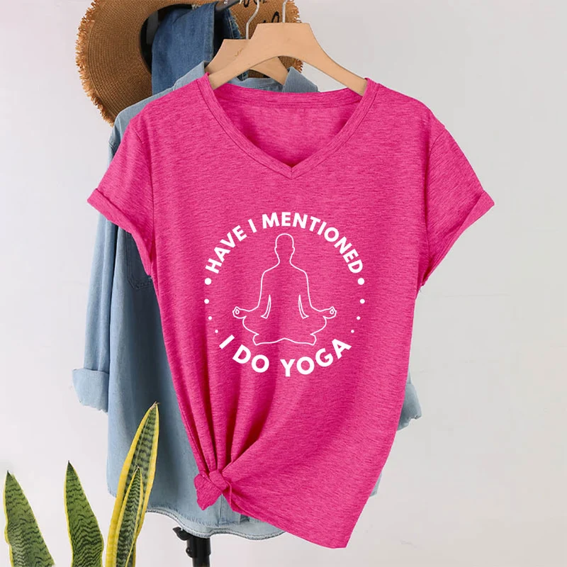 Olivenorma Habe ich schon erwähnt, dass ich Yoga mache? – T-Shirt mit kreisförmiger Meditationsfigur und Grafik auf dem Damen-V-Ausschnitt