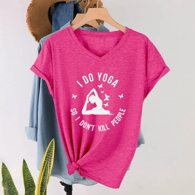 Olivenorma Lustiges Damen-T-Shirt mit V-Ausschnitt und Schmetterlings-Halbmond-Textgrafik „Ich mache Yoga“