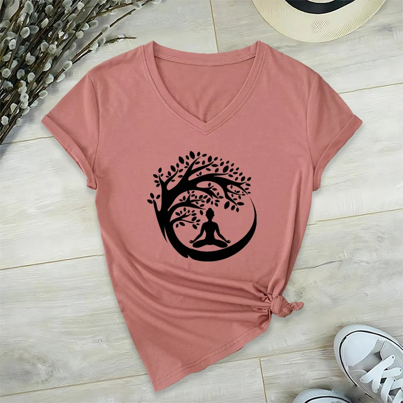 Olivenorma Enso Circle Baumzweig Meditation Silhouette Grafik Damen V-Ausschnitt T-Shirt