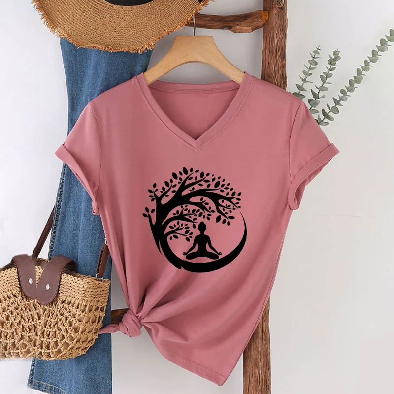Olivenorma Enso Circle Baumzweig Meditation Silhouette Grafik Damen V-Ausschnitt T-Shirt