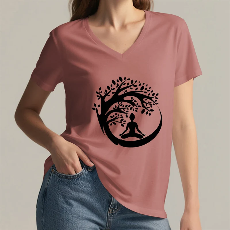 Olivenorma Enso Circle Baumzweig Meditation Silhouette Grafik Damen V-Ausschnitt T-Shirt
