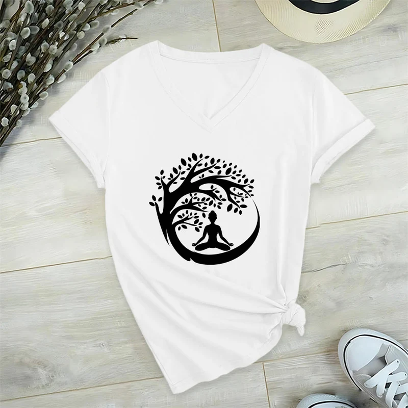 Olivenorma Enso Circle Baumzweig Meditation Silhouette Grafik Damen V-Ausschnitt T-Shirt