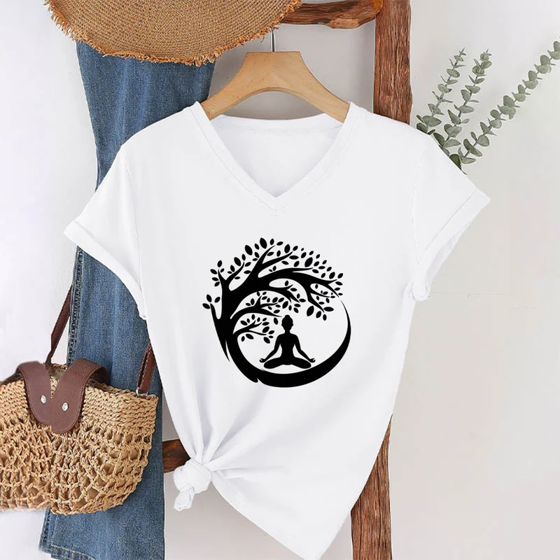 Olivenorma Enso Circle Baumzweig Meditation Silhouette Grafik Damen V-Ausschnitt T-Shirt
