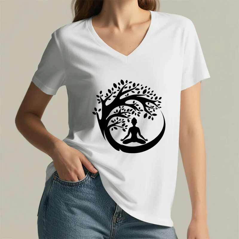 Olivenorma Enso Circle Baumzweig Meditation Silhouette Grafik Damen V-Ausschnitt T-Shirt