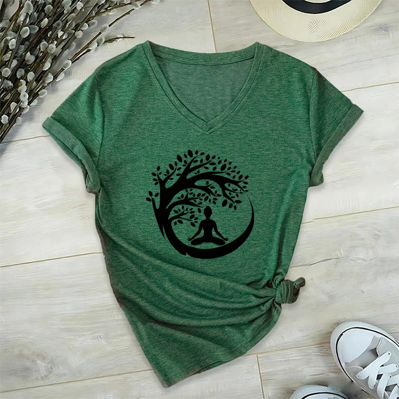 Olivenorma Enso Circle Baumzweig Meditation Silhouette Grafik Damen V-Ausschnitt T-Shirt