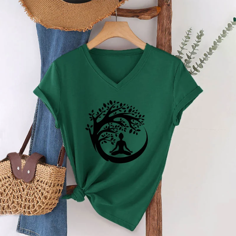 Olivenorma Enso Circle Baumzweig Meditation Silhouette Grafik Damen V-Ausschnitt T-Shirt