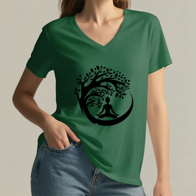 Olivenorma Enso Circle Baumzweig Meditation Silhouette Grafik Damen V-Ausschnitt T-Shirt