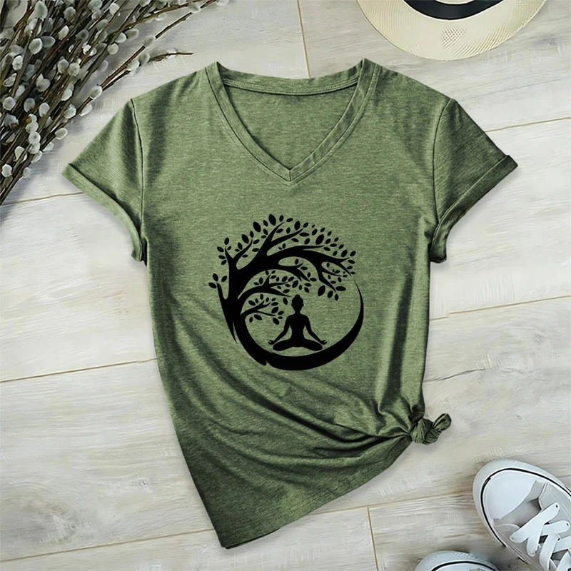 Olivenorma Enso Circle Baumzweig Meditation Silhouette Grafik Damen V-Ausschnitt T-Shirt