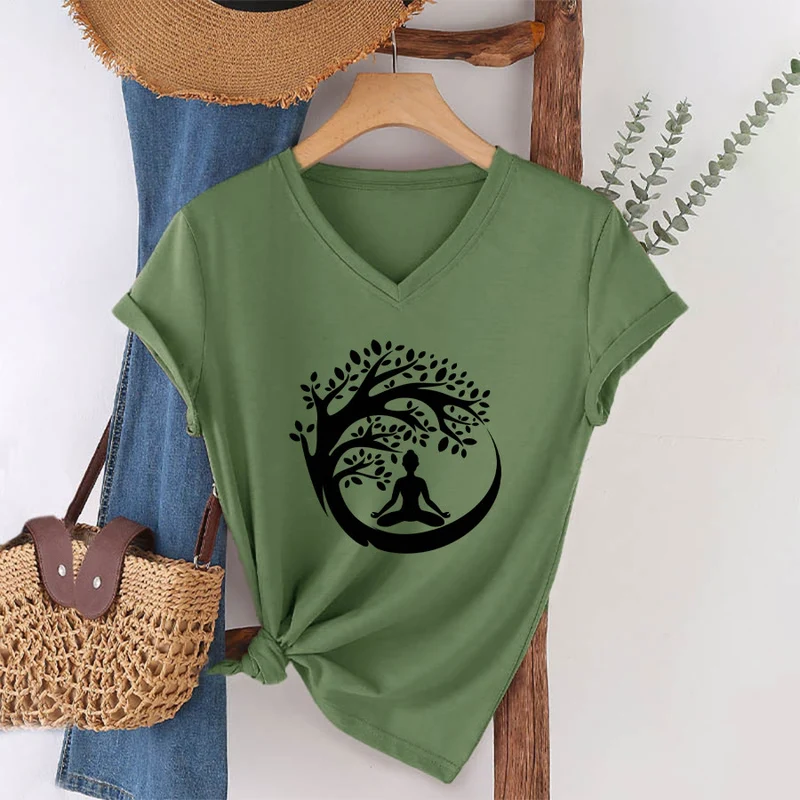 Olivenorma Enso Circle Baumzweig Meditation Silhouette Grafik Damen V-Ausschnitt T-Shirt