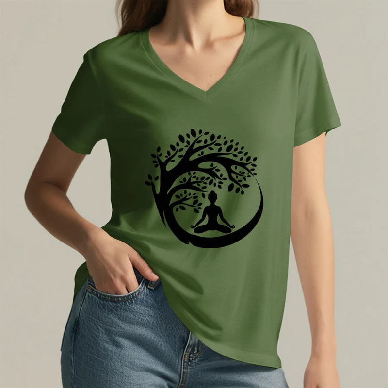 Olivenorma Enso Circle Baumzweig Meditation Silhouette Grafik Damen V-Ausschnitt T-Shirt