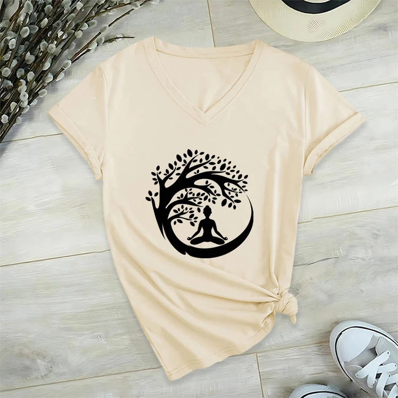 Olivenorma Enso Circle Baumzweig Meditation Silhouette Grafik Damen V-Ausschnitt T-Shirt