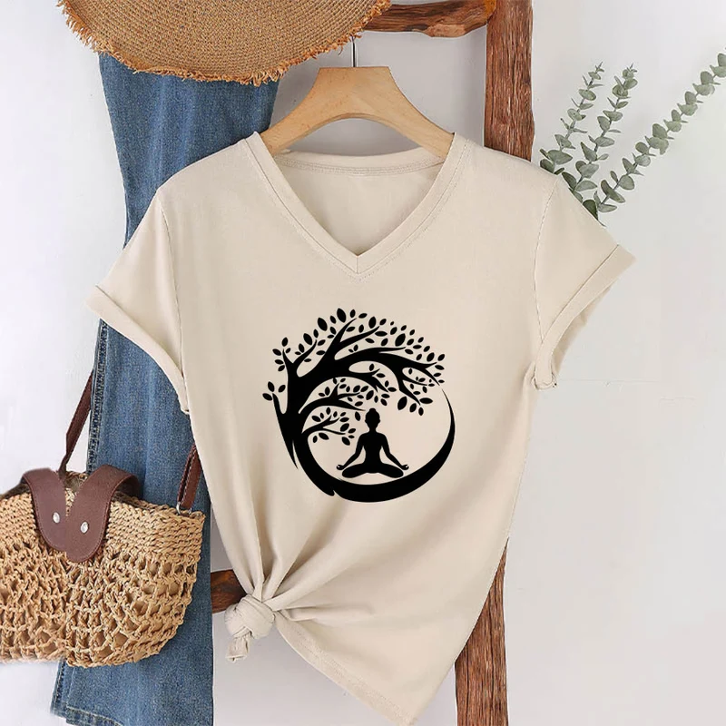 Olivenorma Enso Circle Baumzweig Meditation Silhouette Grafik Damen V-Ausschnitt T-Shirt
