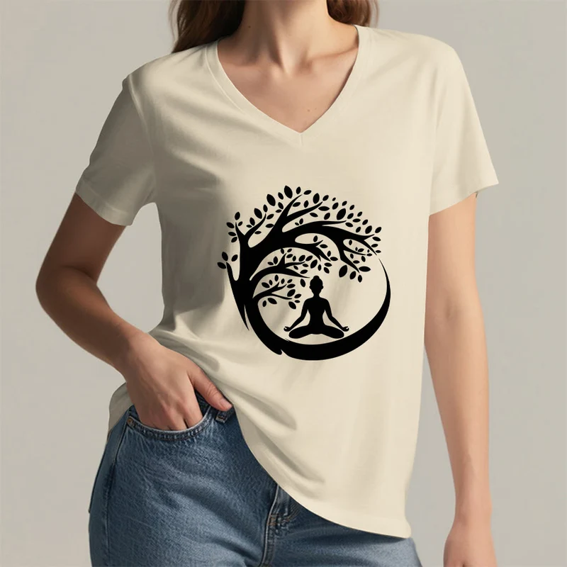 Olivenorma Enso Circle Baumzweig Meditation Silhouette Grafik Damen V-Ausschnitt T-Shirt