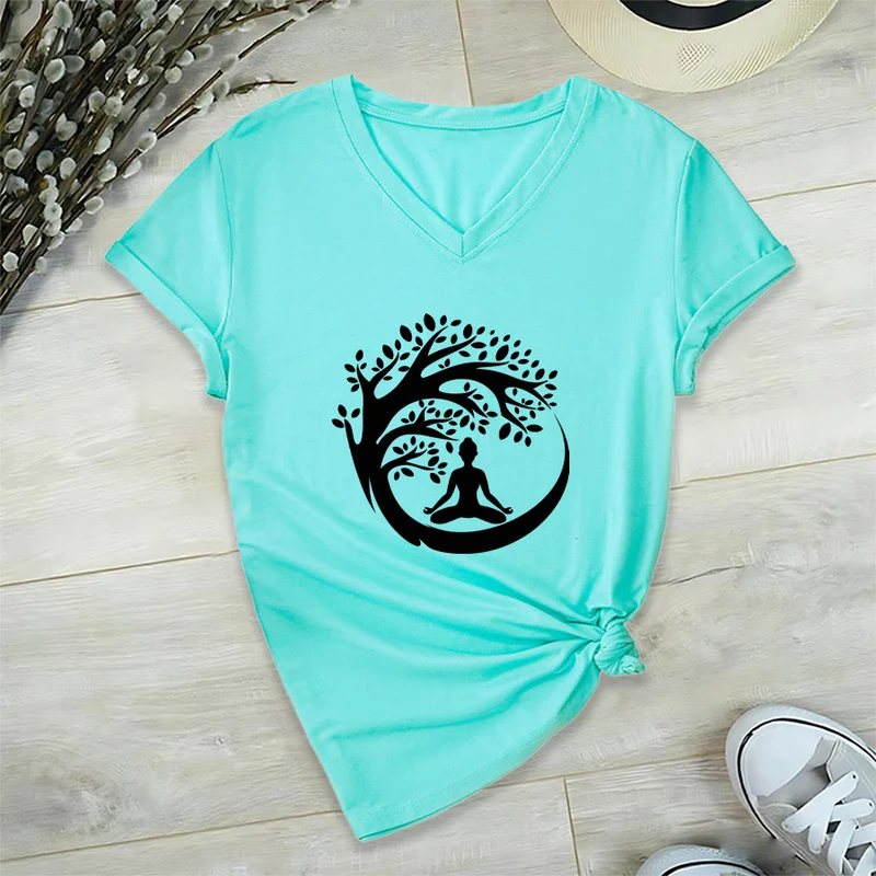 Olivenorma Enso Circle Baumzweig Meditation Silhouette Grafik Damen V-Ausschnitt T-Shirt
